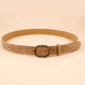 Vintage camel faux suede belt with double white stitching and metal oval buckle - Beige