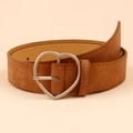 Brown suede belt with a silver heart-shaped metal buckle and double stitching details - Heart Buckle Matte Khaki Style (19234 Khaki)
