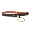 Ceinture fine en cuir marron foncé avec boucle ronde dorée et anneau métallique décoratif - Marron