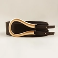 Detail of black leather belt featuring a matte gold horseshoe buckle and adjustable strap - Black / 130cm