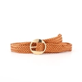 Slim braided brown elastic belt with round golden buckle for casual denim jeans outfits - Camel Style (19471) / 100cm