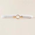 Elastic white waist belt with gold round buckle and lychee leather texture for women - White (19355)