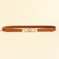 Brown elastic waist belt for women with elegant golden triple-ring buckle and faux leather finish - 75cm / Camel