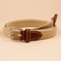 Elastic woven canvas belt in beige with brown leather accents and a silver metal buckle - Beige Style (19214) / 100cm