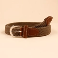 Unisex dark khaki elastic braided belt with silver metal buckle and brown leather accents - Brown Style (19214) / 100cm