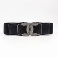 Ceinture noire élastique pour femme avec une boucle métallique argentée texturée - Style Boucle Entrelacée Texturée à Arcs Superposés (19252黑色) / Noir