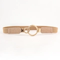 Detail of khaki elastic belt featuring golden double ring buckle and leather stitching - Milk Coffee