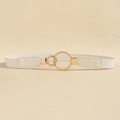 Detailed macro view of white elastic waist belt with double interlocking gold metal rings - Patterned Buckle White