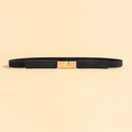 Detail of black elastic belt with golden rectangular mirror-polished buckle for dresses - Navy Blue