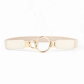 Detail of beige elastic waist belt featuring a polished gold double ring metal buckle - Beige