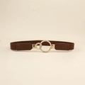 Women's elastic brown waist belt with golden double ring buckle for summer dresses - Coffee