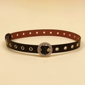 Elegant thin black leather belt with golden round buckle and metal eyelets - Beaded Circular Pin Buckle Style (HYP19039) / Black