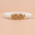 Elegant elastic pearl waist belt with golden double rose buckles for dresses - Rose Gold