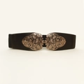 Women's wide elastic waist belt with vintage gold floral buckle in black finish - 19302 Black / 80-100cm
