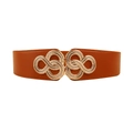 Women's wide elastic waist belt in caramel brown with large interlocking gold metal buckle - 19313 Camel / 80-100cm