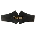 Women's wide black leather corset belt with elegant gold metal buckle on white background - Black