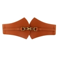 Caramel wide elastic waist belt for women with golden interlocking metal buckle - Brown