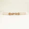 Elastic white waist belt for women with elegant golden floral buckle and leather details - White