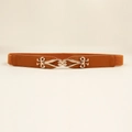 Damen schmaler Stretchgürtel in Kamelbraun mit verzierter goldener Metallschnalle - Vintage-Muster Schnalle / Camel