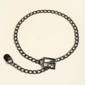 Detailed macro shot of gunmetal chunky chain belt with square buckle and oval charm - Gun Black 105cm