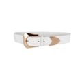 Close-up of white elastic waist belt featuring a large polished gold metal buckle and studs - White / 80-100cm