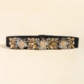 Black elastic waist belt for women with elegant amber floral crystal bead decoration - 60-80cm / Black
