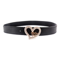 Cintura da donna in ecopelle nera con fibbia a cuore dorata, strass e scritte Kiss alla moda - 105cm / Cuore Strass Kiss Nero (19074)