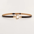 Slim dark brown women belt with gold circle buckle and adjustable T-bar fastener - T-Bar Round Buckle Black (HYP19366)