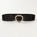 Elastic black waist belt featuring a silver heart buckle with faux pearl embellishments - Heart Pearl Buckle (19375) / Black