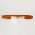 Brown elastic waist belt for dresses with a decorative gold semi-sphere metal buckle - Round Bead Buckle Style (19377) / Camel / 60-80cm