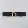 Elastic black waist belt with gold D-letter buckle and pearl inlay for women - D-Shaped Pearl Buckle (19524) / Black
