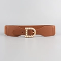Brown elastic waist belt for women with a gold D-letter buckle and white pearl inlay - D-Shaped Pearl Buckle (19524) / Camel