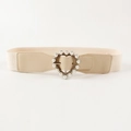 Elastic beige waist belt featuring a pearl-studded heart buckle for women's dresses - Heart Pearl Buckle (19375) / White