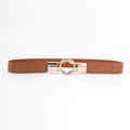 Brown elastic skinny waist belt for women with elegant golden double ring interlocking buckle - Interlocking Double Ring Style (19236) / Camel / 60-80cm