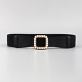 Women's black elastic waist belt with a gold square buckle and white pearl inlays - Black