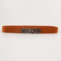 Caramel elastic skinny waist belt with vintage silver square link buckle for dresses - Geometric Interlocking Style (19378) / Camel / 60-80cm
