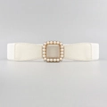 Elegant white elastic waist belt with pearl-embellished square buckle and heart detail - White