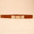Brown elastic waist belt for women with golden pyramid stud buckle for dresses - Rivet Buckle Style (19235) / Camel / 60-80cm