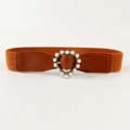Women's dark brown elastic waist belt with a pearl-encrusted heart buckle and pin closure - Camel