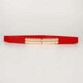 Elastic red skinny waist belt for women with elegant interlocking gold metal buckle - Round Bead Buckle Style (19377) / Red / 60-80cm