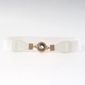 Elegant white elastic waist belt with gold buckle and large sparkling crystal detail - Rhinestone Round Buckle Style (19415) / White / 60-80cm