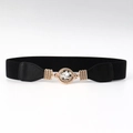 Elegant black elastic waist belt for women with a round gold buckle and large crystal - Rhinestone Round Buckle Style (19415) / Black / 60-80cm
