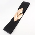 Close-up of golden metallic triple leaf buckle on a black elastic wide waist belt - 60-80cm / Black