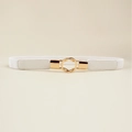 Women's white elastic waist belt featuring a gold double ring buckle for dresses - Interlocking Double Ring Style (19236) / White / 60-80cm