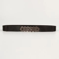 Elastic black waist belt with a vintage silver geometric interlocking metal buckle - Geometric Interlocking Style (19378) / Black / 60-80cm