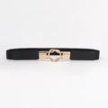 Women's black elastic waist belt with an interlocking gold double ring metal buckle - Interlocking Double Ring Style (19236) / Black / 60-80cm