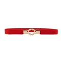Elastic red skinny waist belt for women with interlocking gold metal buckle - Interlocking Double Ring Style (19236) / Red / 60-80cm
