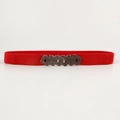 Women's red elastic waist belt featuring a vintage silver-grey five-ring chain buckle - Geometric Interlocking Style (19378) / Red / 60-80cm