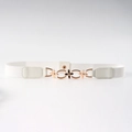 White elastic skinny belt for dresses with gold floral clover metal buckle closure - Four-Leaf Clover Decorative Buckle (19414) / White / 60-80cm