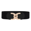Women's wide black elastic waist belt with a polished gold interlocking buckle for dresses - Black